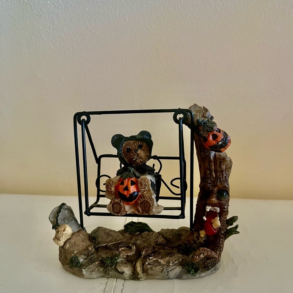 K's Collection Teddy Bear on Swing with Pumpkin Halloween
